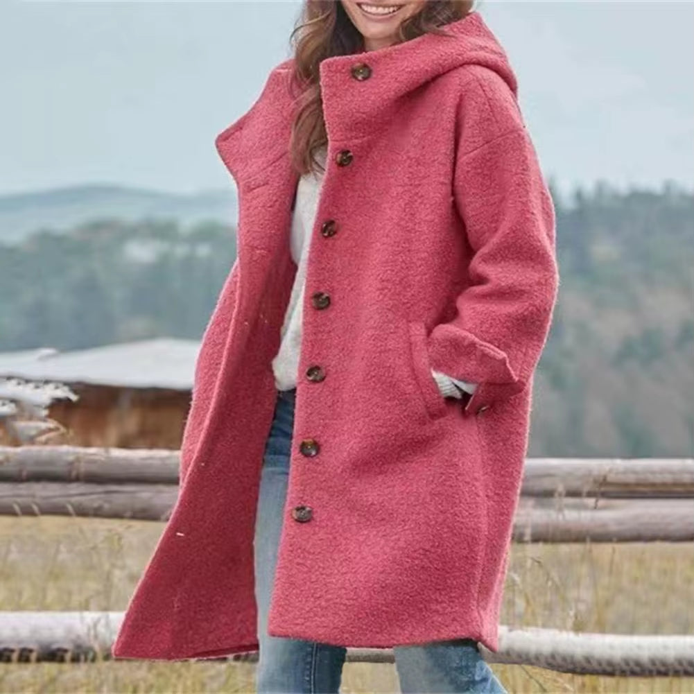 Women Windbreaker Jacket Stylish Hooded Women'S Winter Overcoat with Pockets Warm Windproof Mid Length Coat for Daily Wear Solid