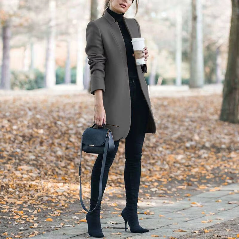 Long Jackets Women Open Fashion Long Sleeve New Europe Pure Color Woollen Coat Women Coats Dropshipping OLN1073