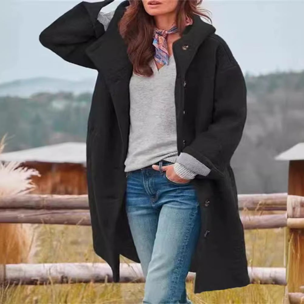 Women Windbreaker Jacket Stylish Hooded Women'S Winter Overcoat with Pockets Warm Windproof Mid Length Coat for Daily Wear Solid