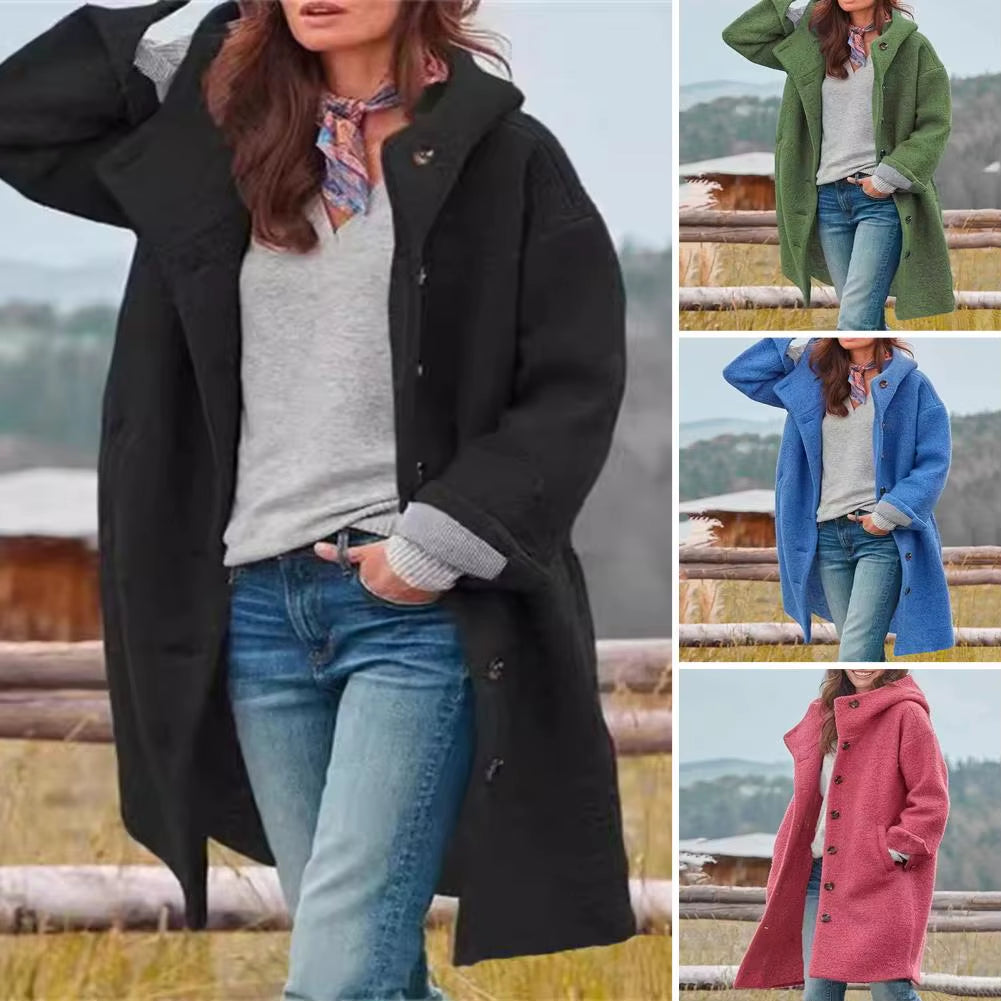 Women Windbreaker Jacket Stylish Hooded Women'S Winter Overcoat with Pockets Warm Windproof Mid Length Coat for Daily Wear Solid