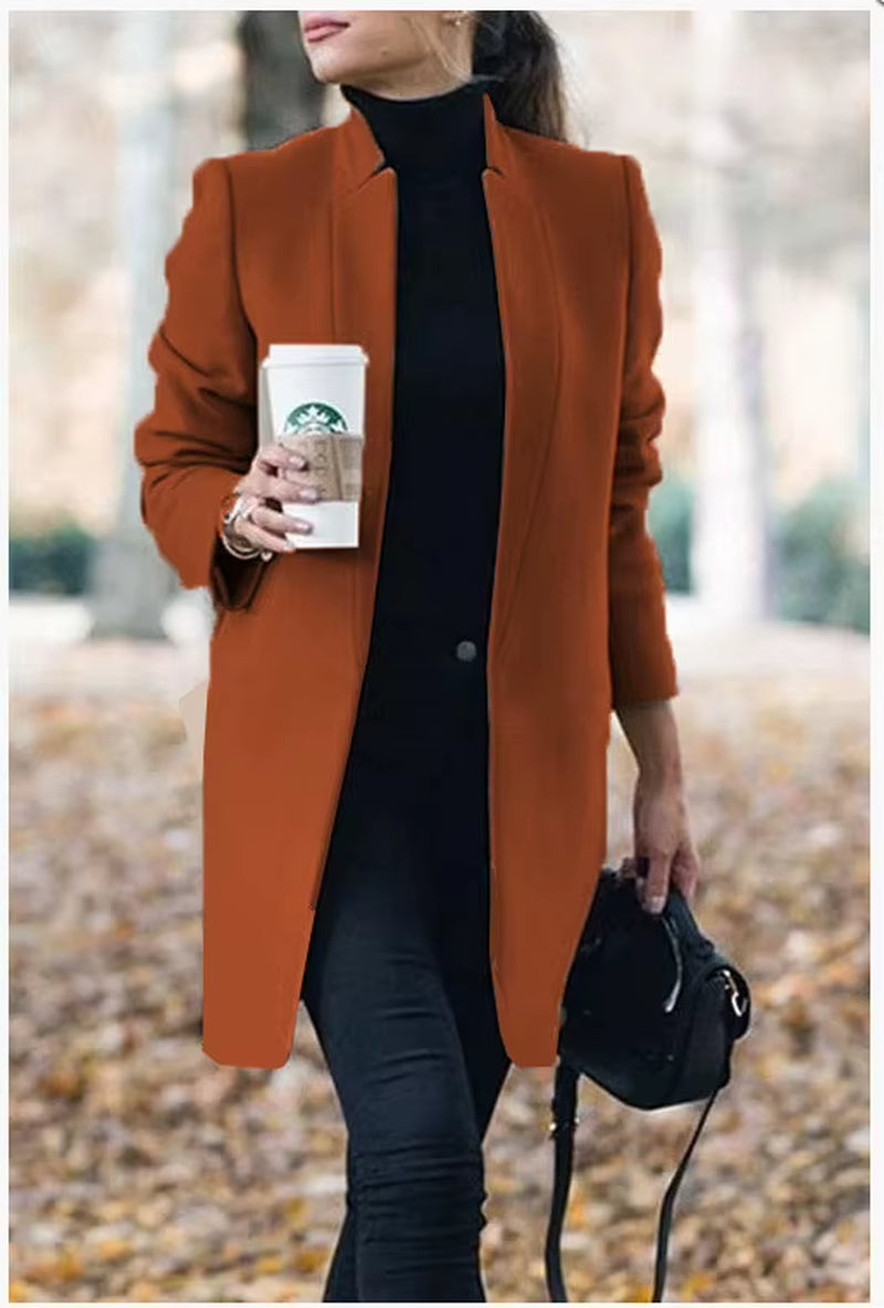 Long Jackets Women Open Fashion Long Sleeve New Europe Pure Color Woollen Coat Women Coats Dropshipping OLN1073