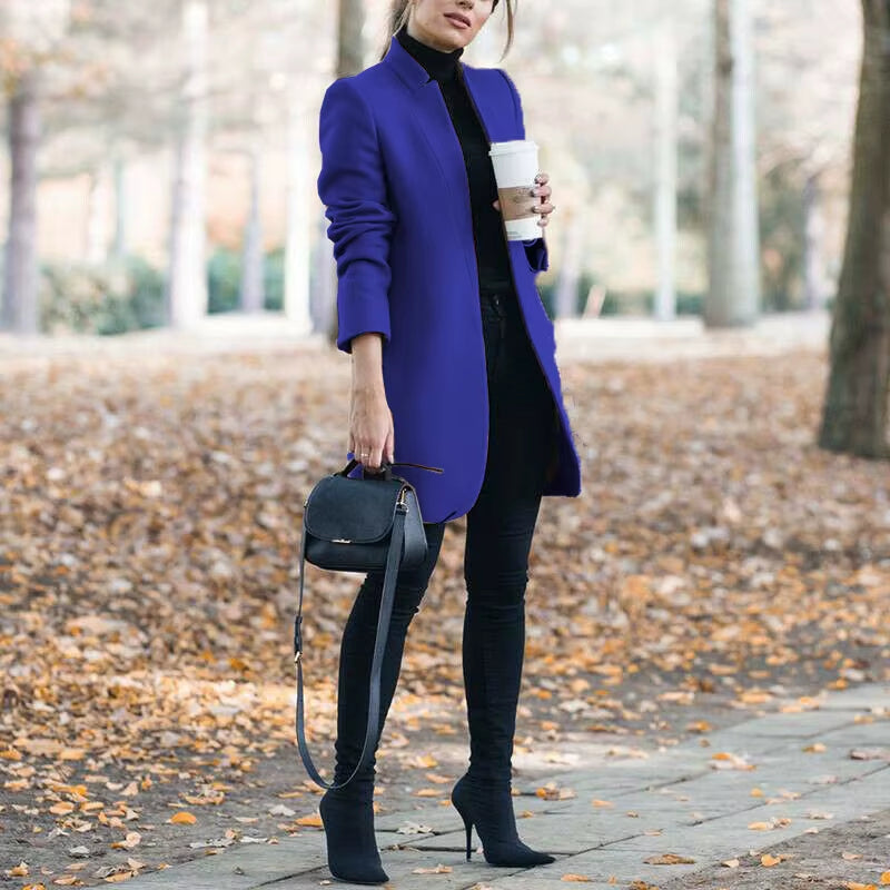 Long Jackets Women Open Fashion Long Sleeve New Europe Pure Color Woollen Coat Women Coats Dropshipping OLN1073