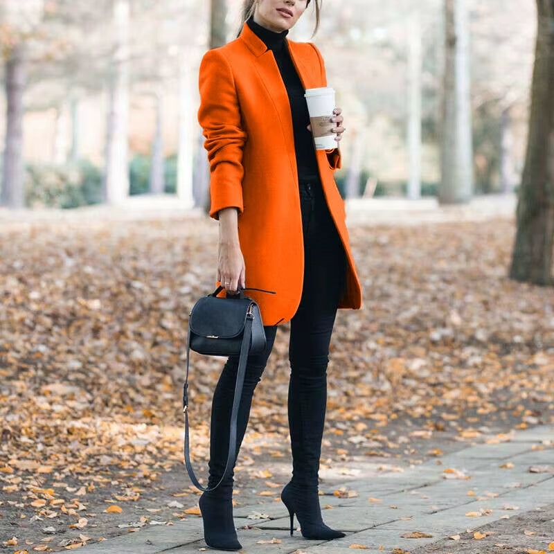 Long Jackets Women Open Fashion Long Sleeve New Europe Pure Color Woollen Coat Women Coats Dropshipping OLN1073