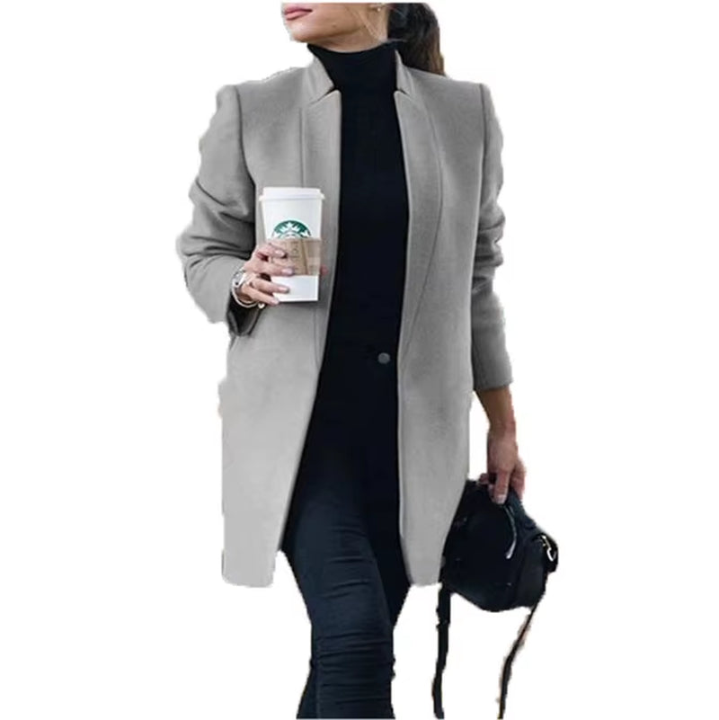 Long Jackets Women Open Fashion Long Sleeve New Europe Pure Color Woollen Coat Women Coats Dropshipping OLN1073