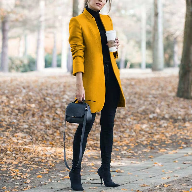 Long Jackets Women Open Fashion Long Sleeve New Europe Pure Color Woollen Coat Women Coats Dropshipping OLN1073