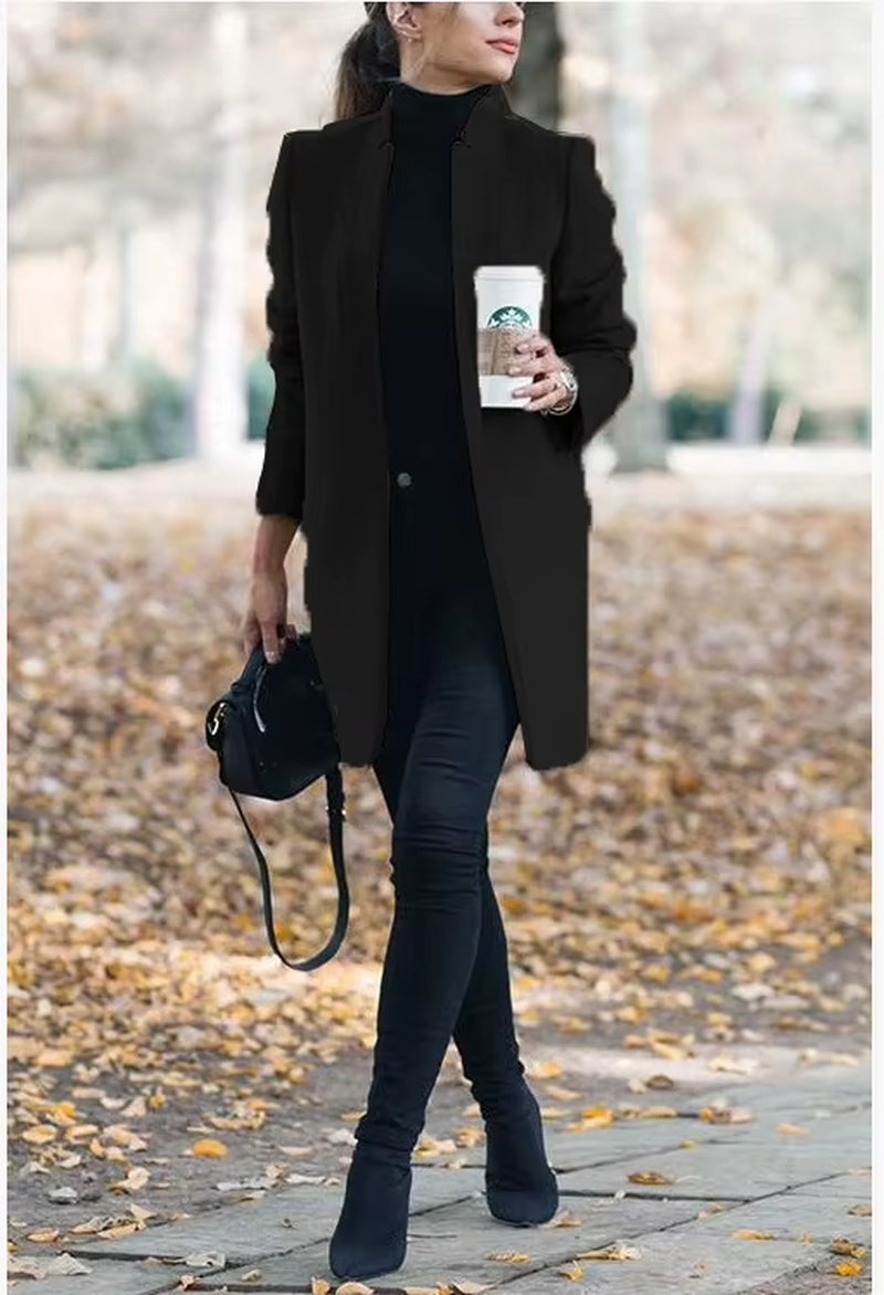 Long Jackets Women Open Fashion Long Sleeve New Europe Pure Color Woollen Coat Women Coats Dropshipping OLN1073