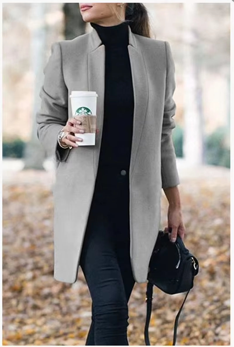 Long Jackets Women Open Fashion Long Sleeve New Europe Pure Color Woollen Coat Women Coats Dropshipping OLN1073