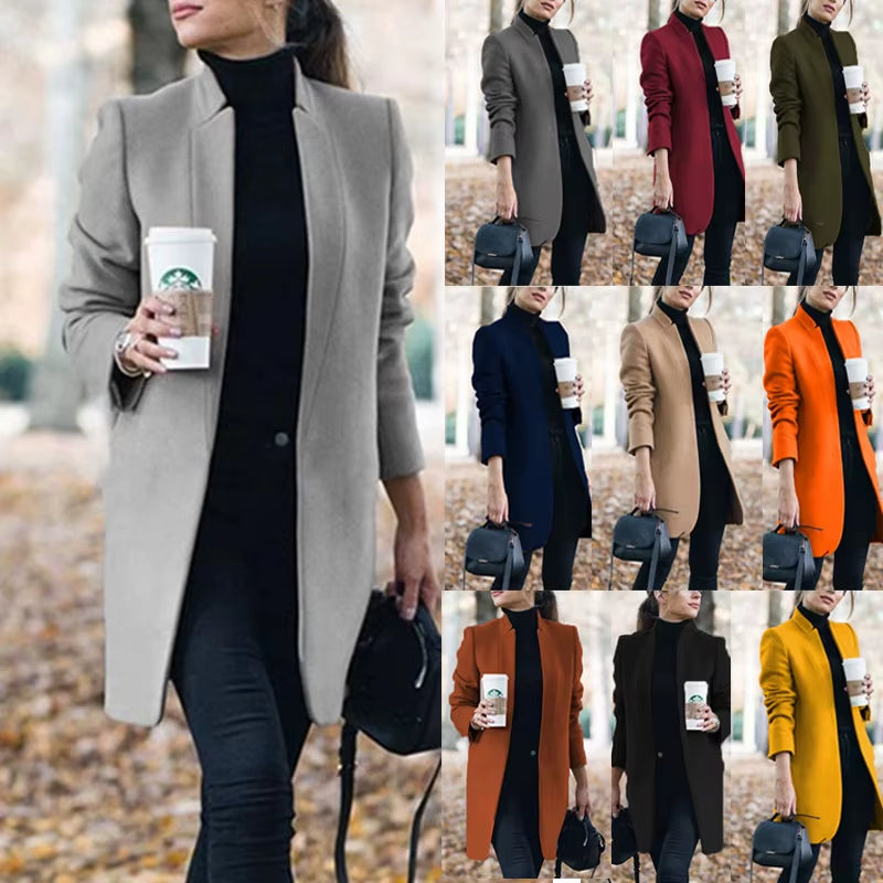 Long Jackets Women Open Fashion Long Sleeve New Europe Pure Color Woollen Coat Women Coats Dropshipping OLN1073