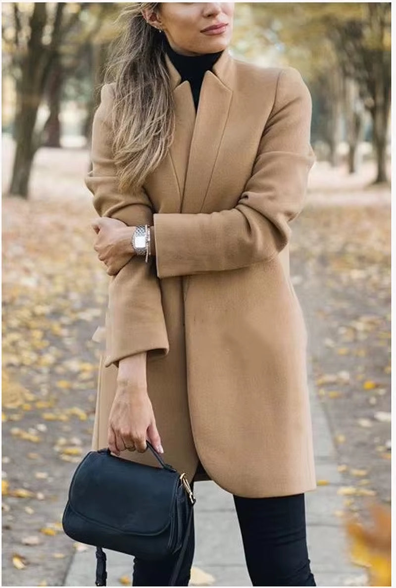 Long Jackets Women Open Fashion Long Sleeve New Europe Pure Color Woollen Coat Women Coats Dropshipping OLN1073