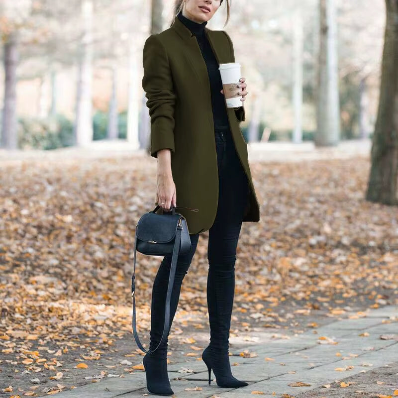 Long Jackets Women Open Fashion Long Sleeve New Europe Pure Color Woollen Coat Women Coats Dropshipping OLN1073
