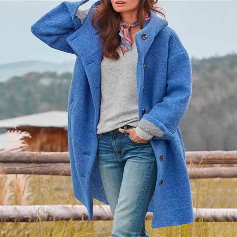 Women Windbreaker Jacket Stylish Hooded Women'S Winter Overcoat with Pockets Warm Windproof Mid Length Coat for Daily Wear Solid