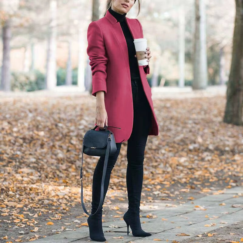 Long Jackets Women Open Fashion Long Sleeve New Europe Pure Color Woollen Coat Women Coats Dropshipping OLN1073