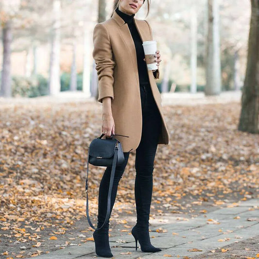 Long Jackets Women Open Fashion Long Sleeve New Europe Pure Color Woollen Coat Women Coats Dropshipping OLN1073